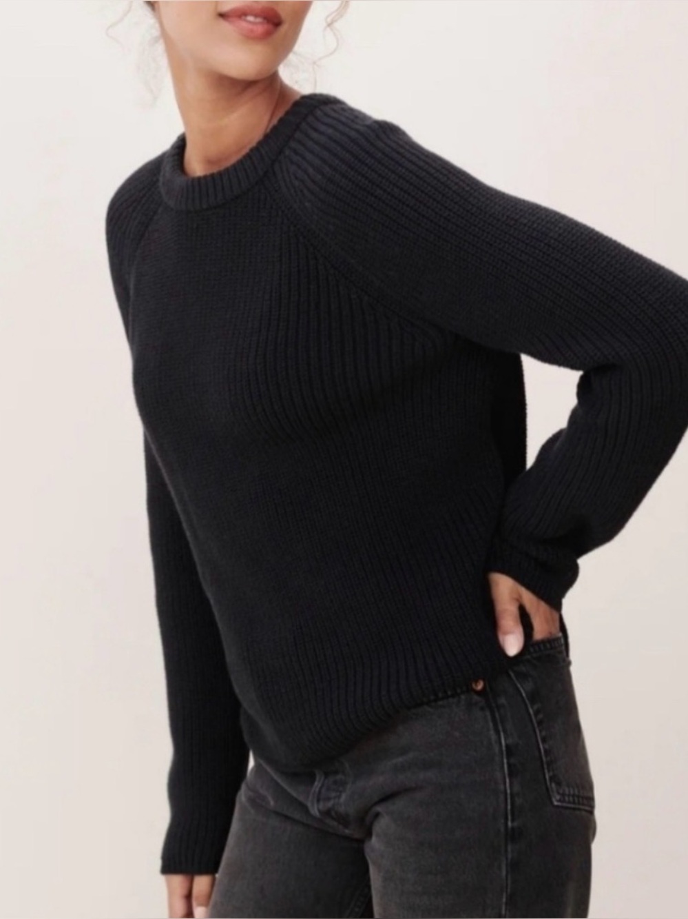 Jenni Kayne Fisherman Sweater Med Black Cotton Chunky Knit Crew Pullover Minimal